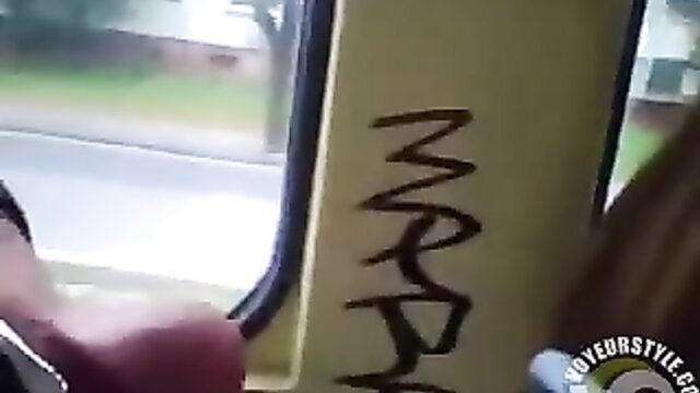 Blonde woman on bus gropes huge penis, precum drips in public