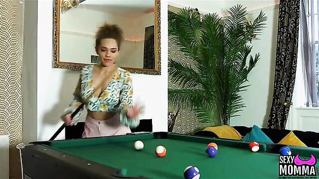 Sexy Asian stepmom April bends over pool table in low-cut top and hotpants