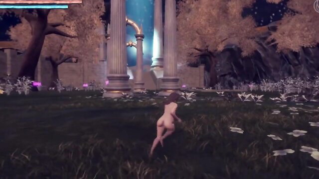 Nude woman running in mystical ancient temple ruins at night, hot fantasy scene