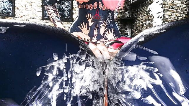 Anime hentai girl with hand prints squirting cum from pussy closeup