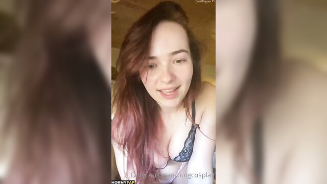 OMGCosplay teases in lace bra, big tits spilling out, pink hair smile