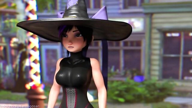 Sexy black-haired witch girl in tight latex catsuit and wide hat posing seductively