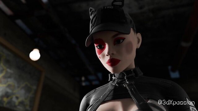 Sexy bald Catwoman in latex catsuit, red lips & eye, bunker tease