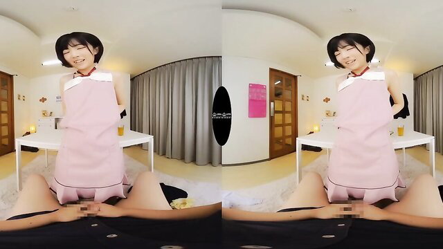 Japanese student in pink apron spreads legs in POV JAV closeup