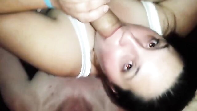 Amateur Asian wife sucking cock upside down, husband assists in abuse