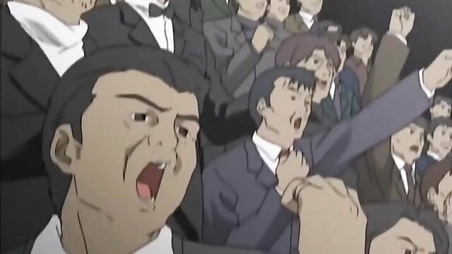 Intense crowd of suited Asian men cheering passionately in dark scene