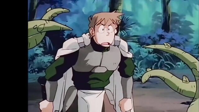 Anime hentai guy in armor shocked by tentacles in jungle, adult cartoon thumbnail