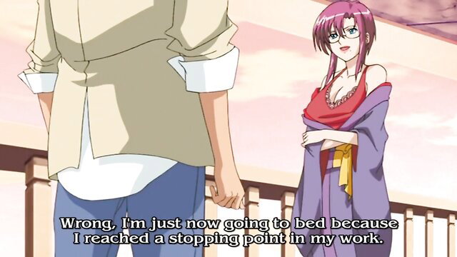Purple-haired anime girl in sexy red dress confronts man in Reijoku no Yakata Ep.2 hentai