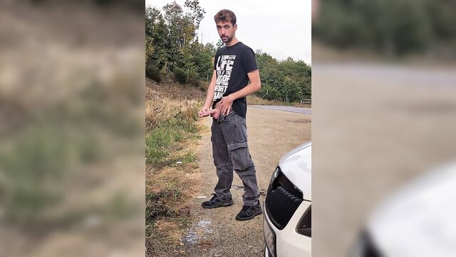 Raulyof jacked off and peed outdoors by car on highway, cumshot