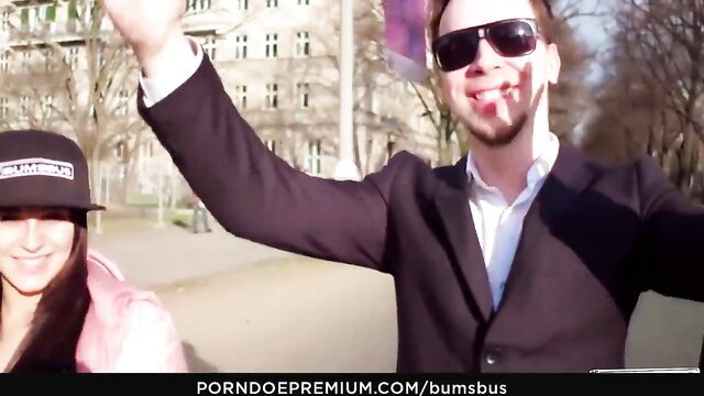 Wild Vicky big tits German stunner waves in bus with man, outdoor amateur