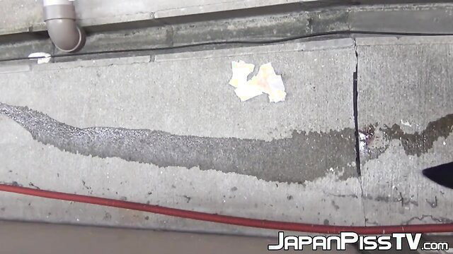 Japanese girls lift skirts, drip pussy piss on concrete ledge