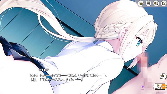 White-haired elf knight Catreya bent over in uniform, censored cock tease