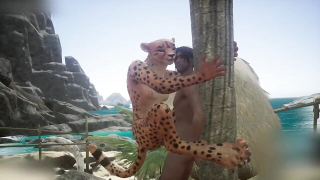 Cheetah furry hugging nude Indian twink outdoors in wildlife porn
