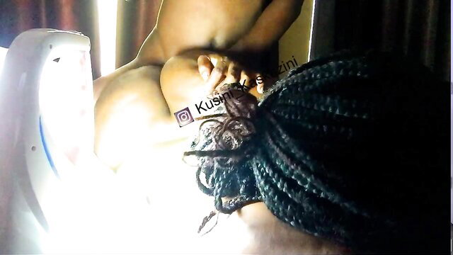 Thick black woman with braids twerking nude ass in mirror selfie