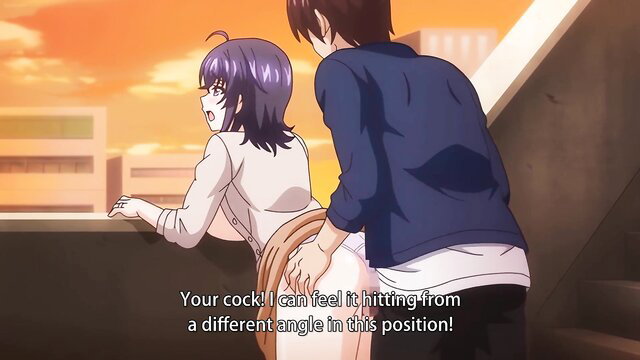 Purple-haired anime MILF bent over railing, fucked from behind by guy in JAV