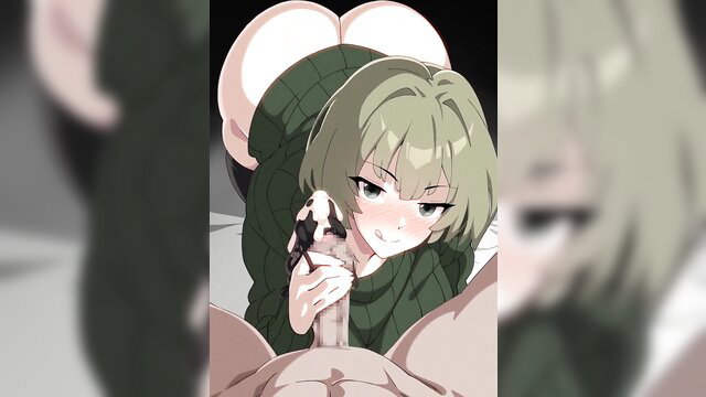 Akina in green sweater gives hot clothed handjob with big ass view