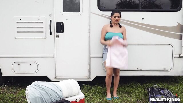 Gabriela Lopez in tiny pink skirt and top by RV on family trip