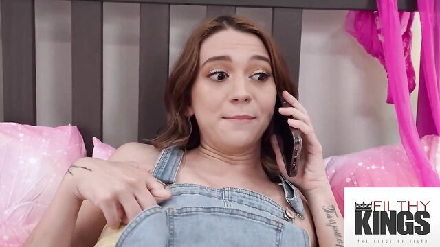 Filthy Rich in overalls on phone, natural tits tease, Riley Jean