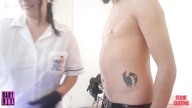 Babyluna939 in nurse outfit with topless tattooed guy laser hair removal happy ending