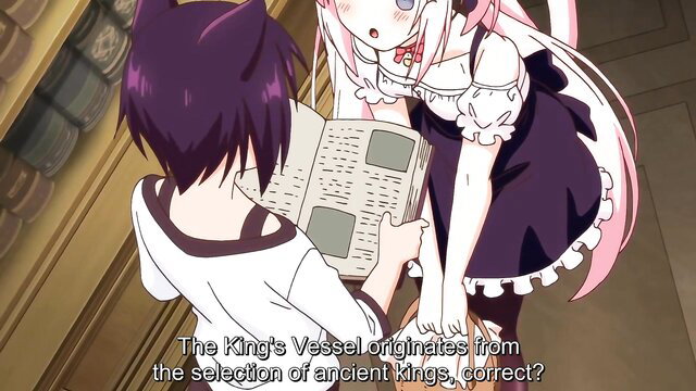 Hentai catgirl maid in black dress shows newspaper to purple hair boy in school uniform