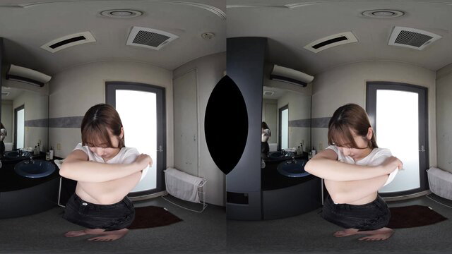 Japanese VR girl topless arms crossed shy pose bathroom solo