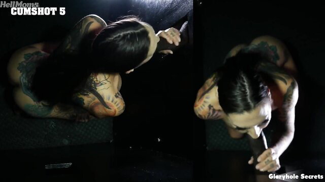 Rocky Emerson tattooed alt babe sucks cock and takes cumshot at gloryhole
