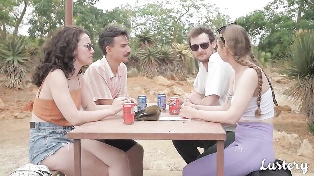 Amateur side chick Lustery foursome chilling outdoors with drinks