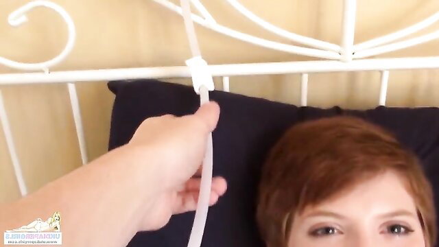 Bound redhead diaper girl restrained on bed for enema play pt. 1