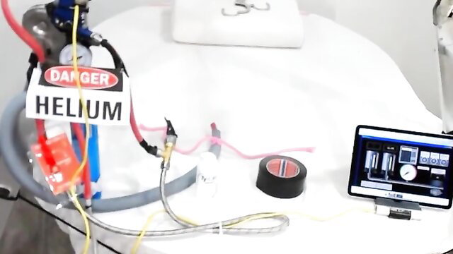 Sissy anal helium inflation fetish setup with tubes and monitor