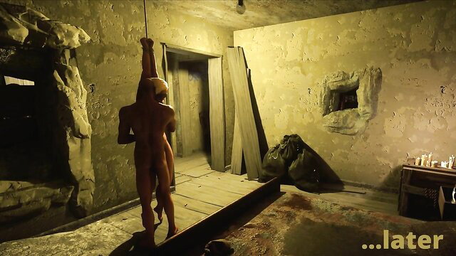 Nude man bound and hanging in dark dungeon, erotic bondage scene