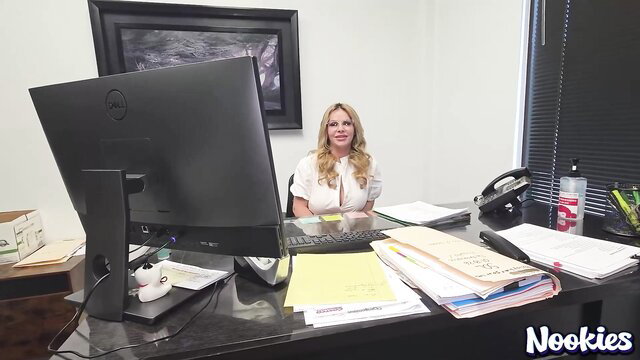 MILF Misty Caitlin at office desk in white blouse