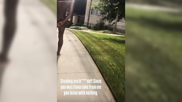 Ebony woman with huge juicy ass walks naked outdoors, stealing from wrong guy