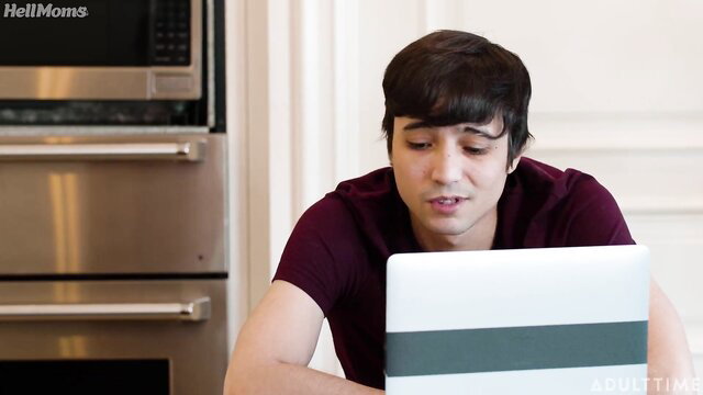 Ricky Spanish at laptop in kitchen, Penny Barber hot mom nearby