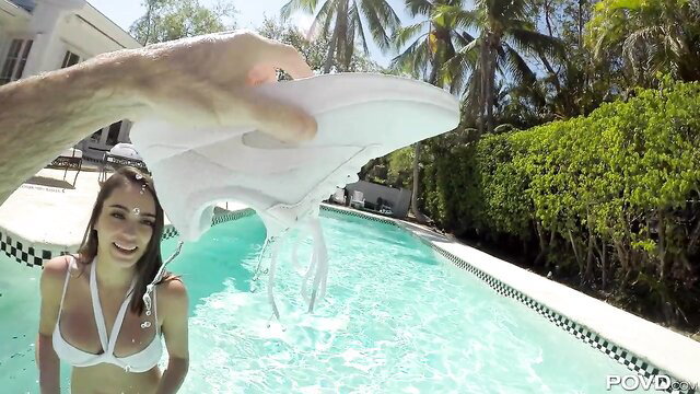 Ashly Anderson white bikini wet by pool, POV shoe tease