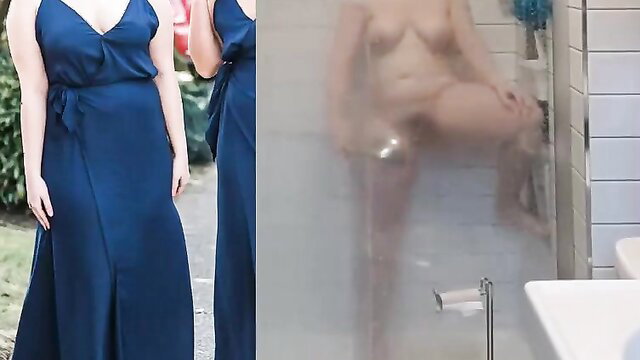 Slim brunette bridesmaid strips navy gown for steamy shower nudity
