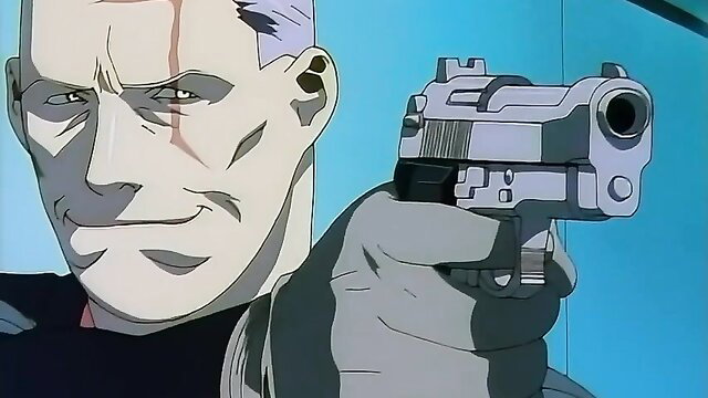 Anime man with gun in intense hentai action scene