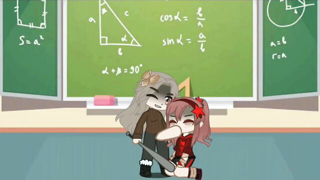 Two cute anime girls hugging in classroom, one with grey hair, red bow, other pink hair
