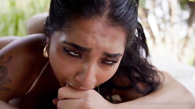 Yasmina Khan closeup face in ecstasy, romantic outdoor nude