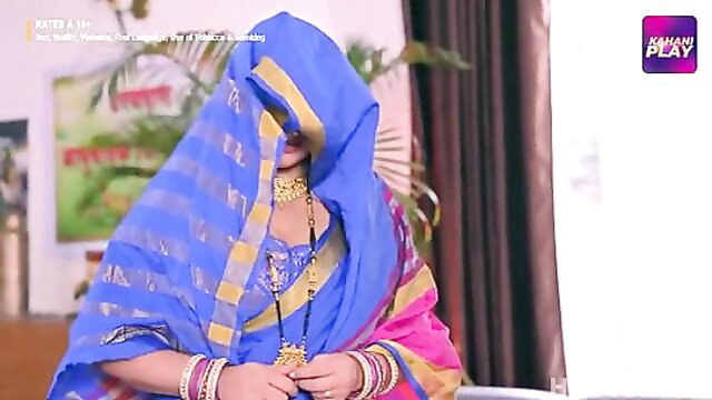 Indian Thakurain in sheer blue saree, veiled beauty from Kahaniplay hot web series