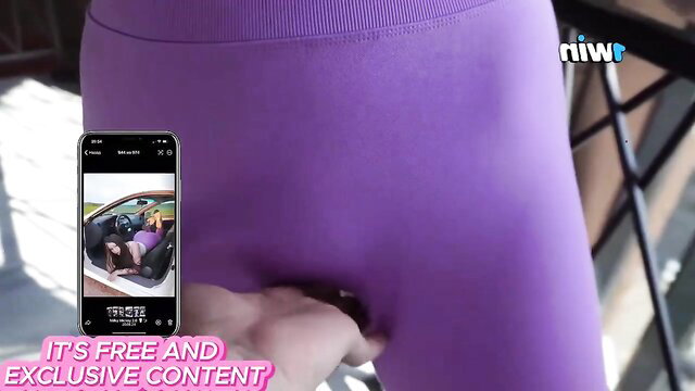 Stepbrother fingers tight Asian pussy through purple leggings closeup