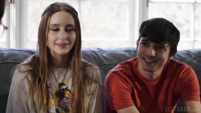 Laney Grey smiles with guy on sofa in hot MMF preview