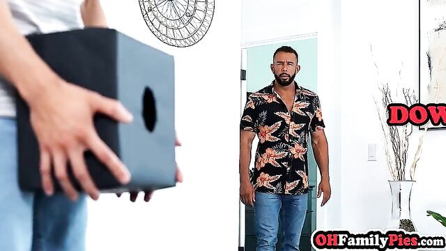 Man holding surprise Halloween box at door for stepsister in Hawaiian shirt