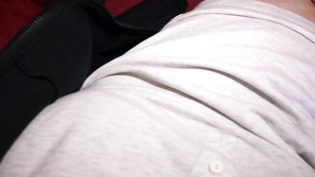 Leah Gotti teasing in tight white shirt, grey sweatpants bulge closeup