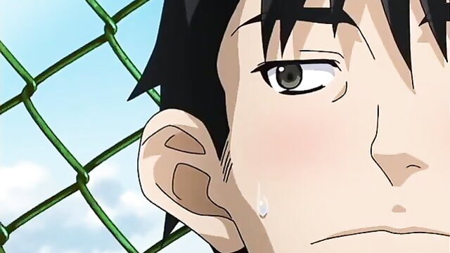 Anime hentai teen with blush sweat closeup face, gangbang watch scene