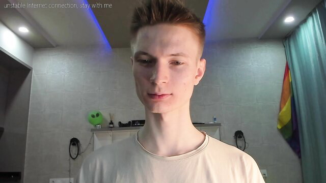 Pale ginger twink in bathroom with rainbow flag, gay cuck casting thumbnail