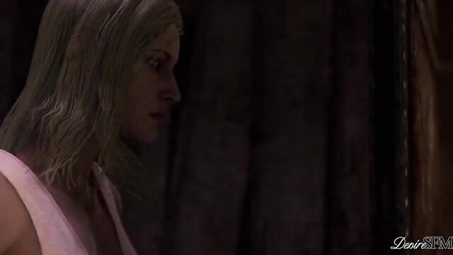 Wet blonde 3D cartoon futanari in pink dress side profile