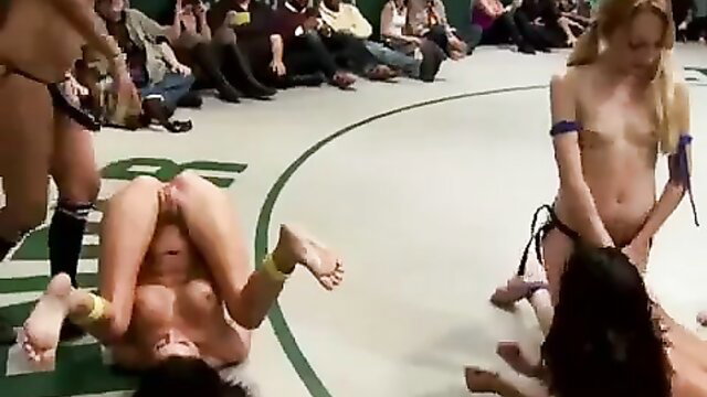 Nude women wrestling match, blonde folded exposing pussy, group submission