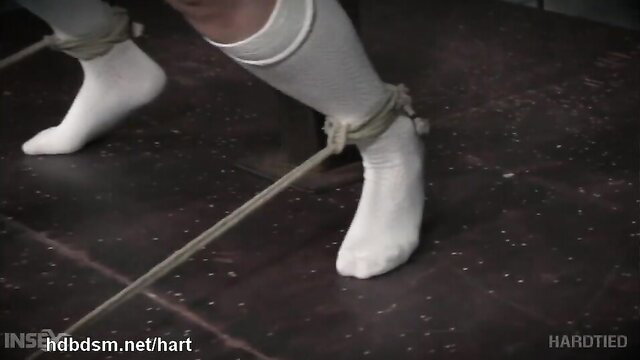 Teen redhead in white socks hard tied, forced oral sex bondage