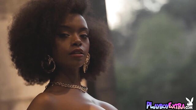 Stunning ebony teen with huge afro, gold hoops, chain necklace in slutty dress drop tease