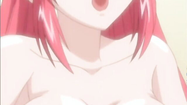 Pink-haired anime hentai girl with huge tits, open mouth closeup